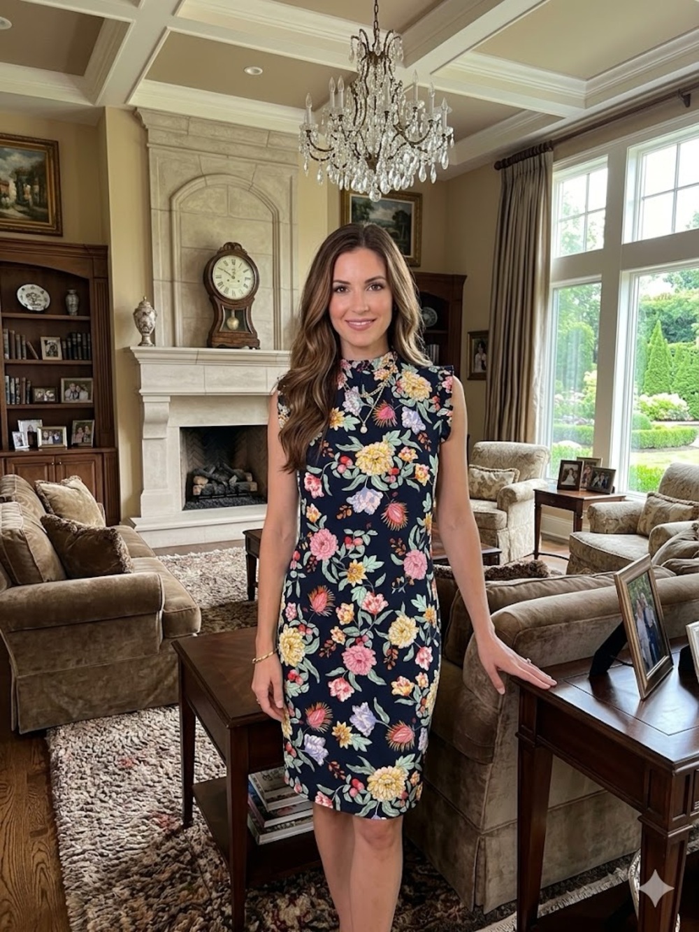 Tommy Hilfiger Navy Floral Sleeveless Midi Dress with Pink & Yellow Blooms